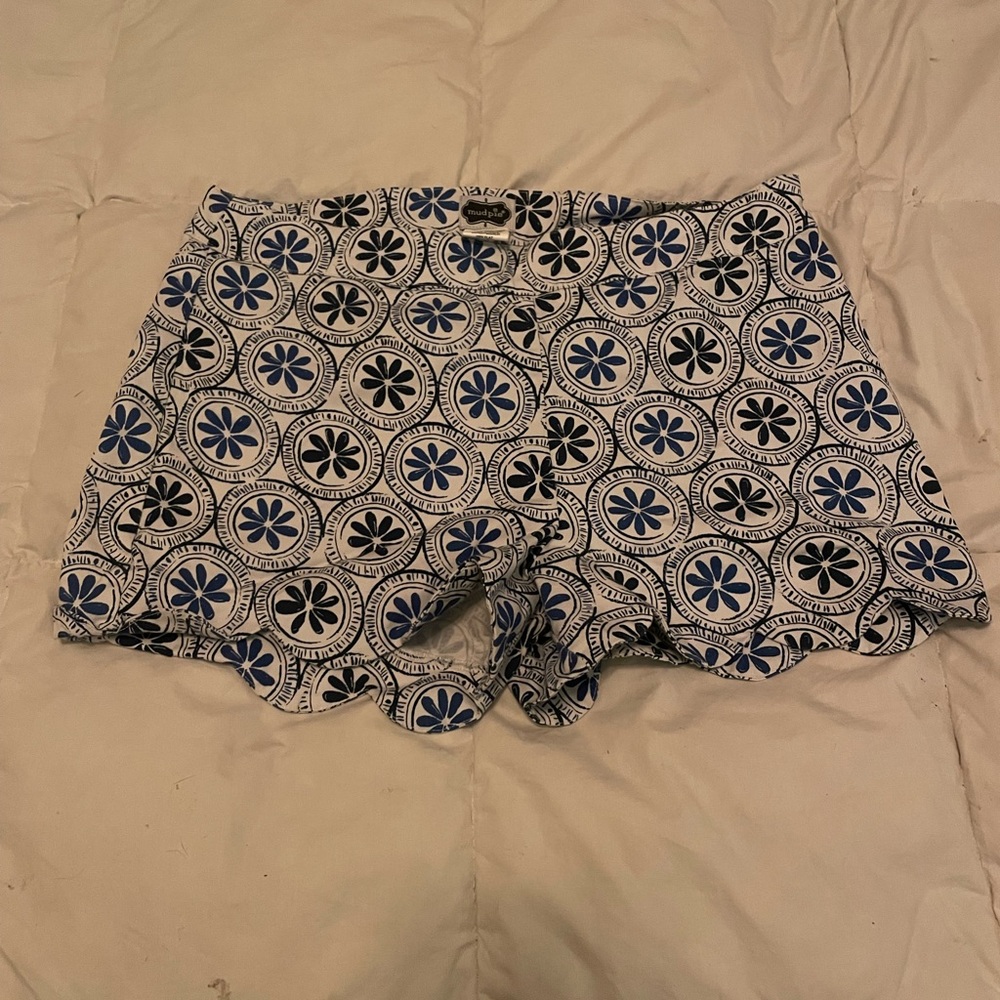 Mudpie Blue and White Patterned Women’s scalloped  Shorts